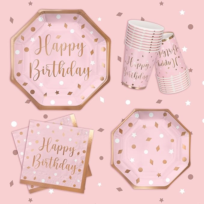 Rose Gold Birthday Party Supplies - Disposable Paper Plates Napkins Cups Tablecloth &amp Banner for Girl/Women Celebration Serves 25 - Decorate with Our Rose Gold Plates and Napkins Set