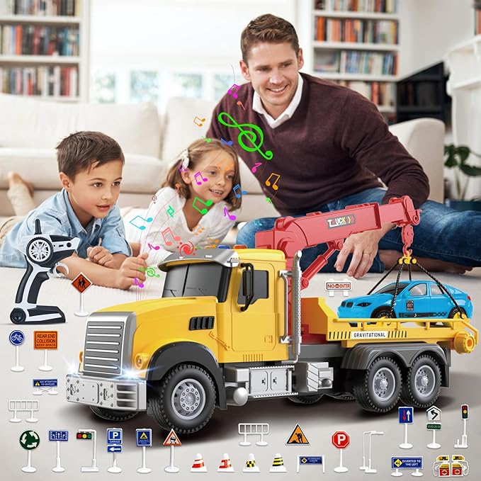 2.4GHz Remote Control Tow Truck for Kids – RC Log Truck with Racing Car 4 Channel RC Transport Crane Vehicle Toy with Lights &amp Sounds 28PCS Traffic Signs 2 Batteries – Birthday Gift for Boys Gi