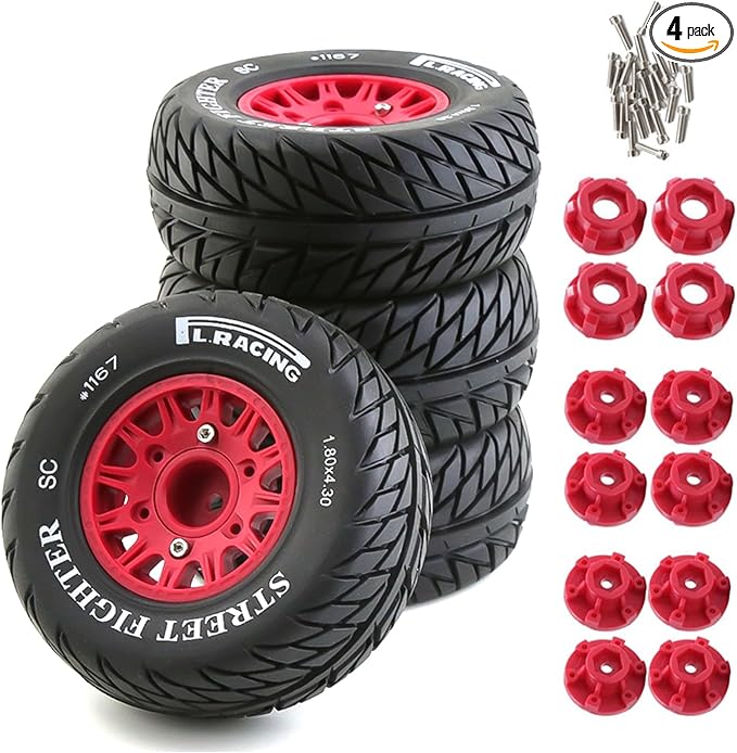 1/10 RC Short Course Truck Tires And Wheels With 12mm 14mm 17mm Hex 113mm 1/8 Rubber Tyres For 1/8 or 1/10 Scale On Road Car HSP Sonic 94102 GT PTG-2 Tamiya TT02 RC Racing Car 4PCS (Red B)