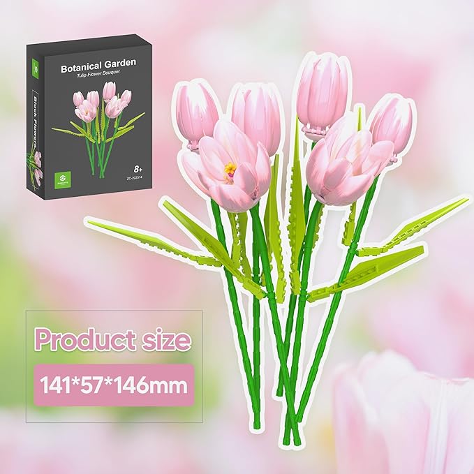 Flower Bouquet Building Toy Set Tulips Botanical Building Blocks for Adults Home Office Decor Pink Color