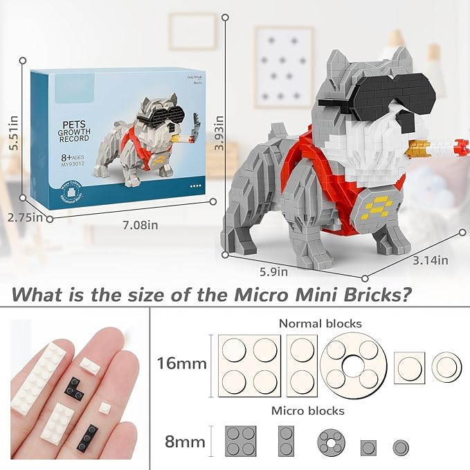 Cute Animal Bully Pitbull Micro Mini Building Blocks Kit Mini Dog Micro Bricks Building Toys for Adults Boys Girls Party Favors for Kids 8-14 Christmas Birthday Gift Carnival Prizes (998 PCS)