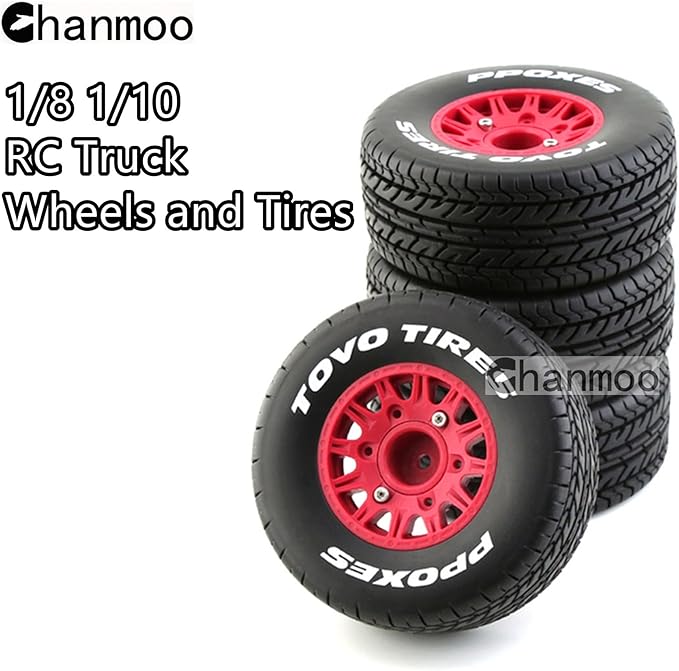 1/10 RC Short Course Truck Tires And Wheels With 12mm 14mm 17mm Hex 113mm 1/8 Rubber Tyres For 1/8 or 1/10 Scale On Road Car HSP Sonic 94102 GT PTG-2 Tamiya TT02 RC Racing Car 4PCS (Red A)