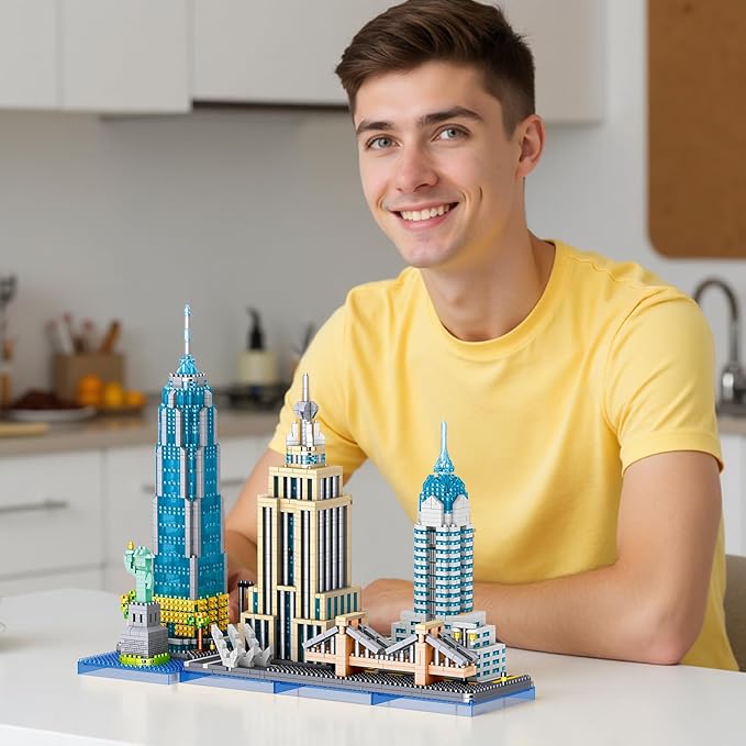 New York Skyline Micro Mini Blocks Building Set The Statue of LibertyEmpire State Architecture Building Brooklyn Bridge Gift for Kids and Adults (3262 Pieces)