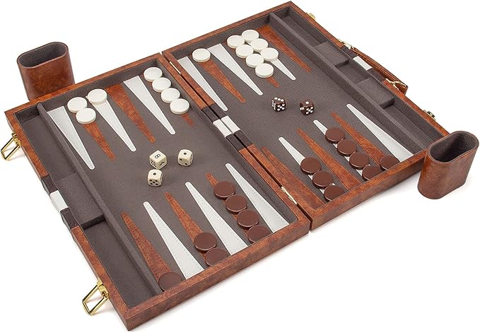 AMEROUS Backgammon Set 15 Inches Classic Board Game with Leather Case Folding Board Gift Package Portable Travel Strategy Backgammon Game Set for Adults Kids (Medium Brown)