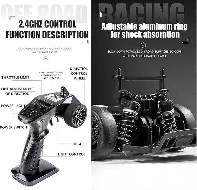 RC Drift Car with Gyro 1/14 Hobby RC Car Off Road Fast Remote Control Truck Drifting 4WD High Speed 40 KM/H with 390 Motor Gyroscope Proportional Control Metal Chassis Ball Bearing