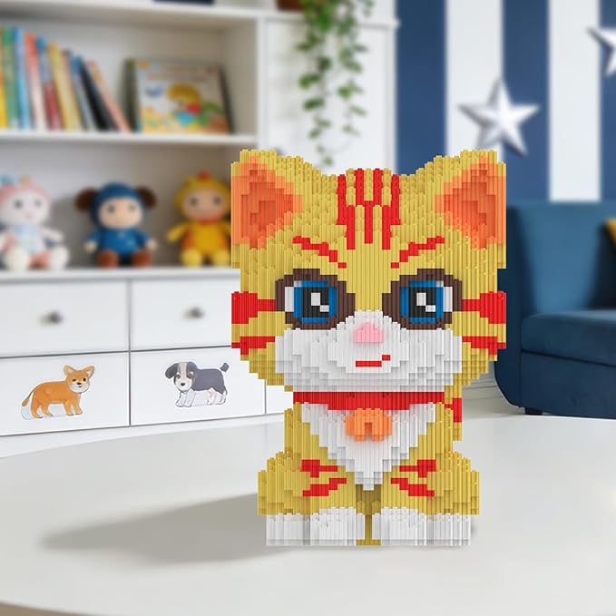 Cat Building Blocks with Organizer Bins | Yellow | Micro 3D Animal Building Blocks | 3000PCS | Gift for Adults and Kids | Home &amp Office Decor | RQ8889