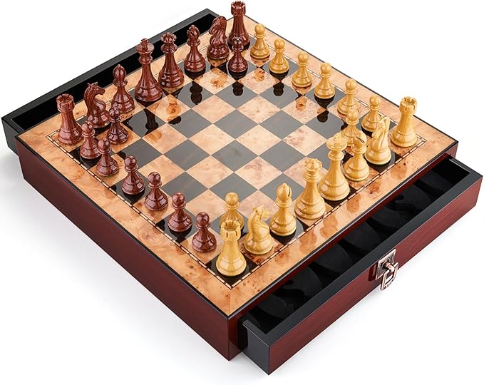 AMEROUS 17 inches Wooden Chess Set with High Polymer Weighted Chess Pieces / 2 Built-in Storage Drawers / 2 Extra Queens / 3.75'' King Classic Board Game