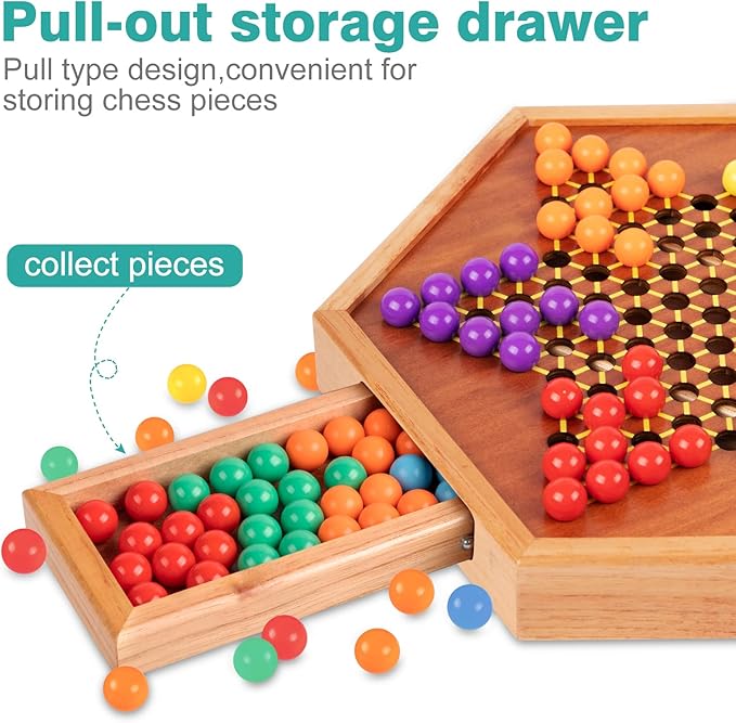 HOLYKING 12.6 Inchs Wooden Chinese Checkers with Drawer-Traditional Board Game with Set of 16mm 60+12 Colorful Acrylic Marbles Classic Strategy Family Game for up to 6 Players