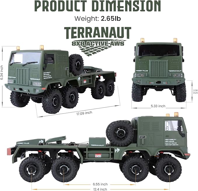 Helidirect HobbyPlus 1/18 RC Crawler CR18P Terranaut 8x8 RC Truck Remote Control Car w Full-Lock 8WD RTR Active All-Wheel Steering 2-Speed Transmission Recovery Winch LED Lights (Green)