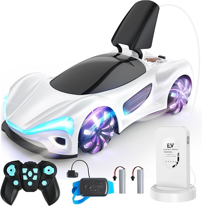 SIMREX Gesture Sensing Remote Control Car with Charging Dock - 360° Rotate Drift RC Stunt Car Toy 40 Min Playtime Dual Control Spray Mist &amp LED Lights Birthday Gift for Kids Boys Girls（White）