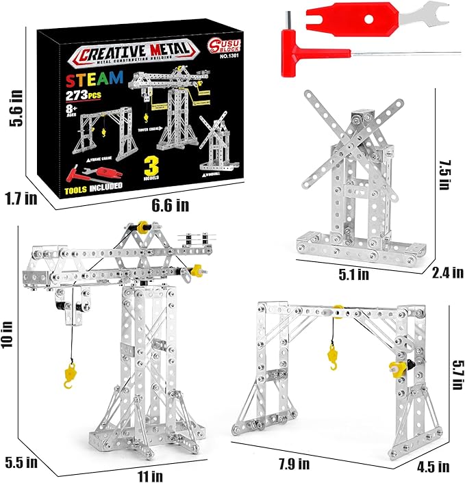 Building Toys Model Set 273PCS - Tower Crane Frame Crane &amp Windmill 3 in 1 Metal Kit DIY Building STEM Projects Educational Assembly Metal Toys