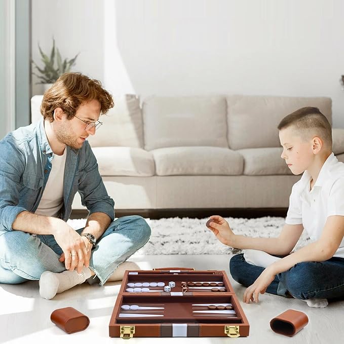 Backgammon Set 2 Players Classic Backgammon Sets for Adults Board Game with PU Leather Case Portable and Travel Backgammon Set (Brown 11inch)