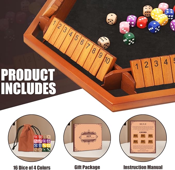 1-6 Players Shut The Box Dice Games Wooden Board Table Math Game with 16 Dice and Instructions Classics Close The Box Board Game for Adults Kids Family Classroom Home or Bar