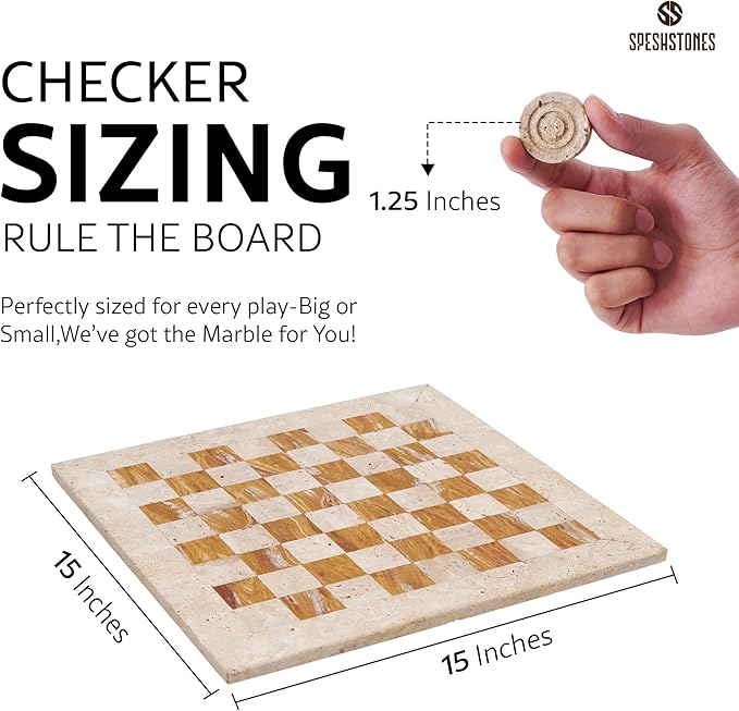 Marble Checkers Set 15 Inch Handmade Travertine &amp Brown Checkers Board Game with Checker Pieces - Board Games for Adults Game Table Accessories Gifts &amp Home Décor