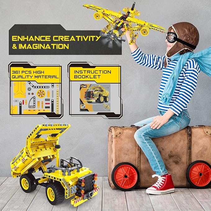 STEM / Building Toy for Ages 5 6 7 8 9 10 11 12 Years Old Kid Boy Girl - 2-in-1 Truck Airplane Take Apart Toy 361 Pcs DIY Building Kit Learning Engineering Construction Toy Ideal Gift