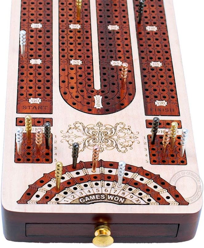 House of Cribbage - 4 Track Continuous Cribbage Board Inlaid in Bloodwood - Size: 13.5 Inches - Storage Drawer for Cribbage Pegs and Score Marking Fields for Skunks Corners and Won Games