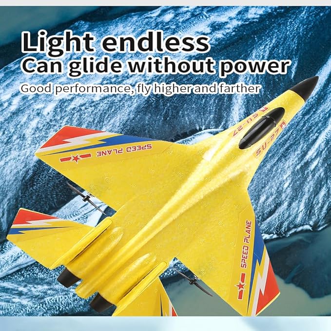 Yellow SU-27 RC Fighter Jet Remote Control Airplane with Stunt Flight Anti-Crash Foam Aircraft Model for 14+ Ages Teens and Adults 2.4GHz Remote Control 3 Batteries for Extended Flight Time