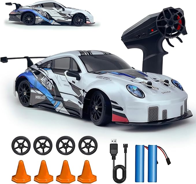 RC Drift Car 2.4GHz 1:24 Scale 4WD High Speed Remote Control Cars Vehicle with LED Lights Two Batteries and Drifting Tires Racing Sport Toy Cars for Adults Boys Girls Kids