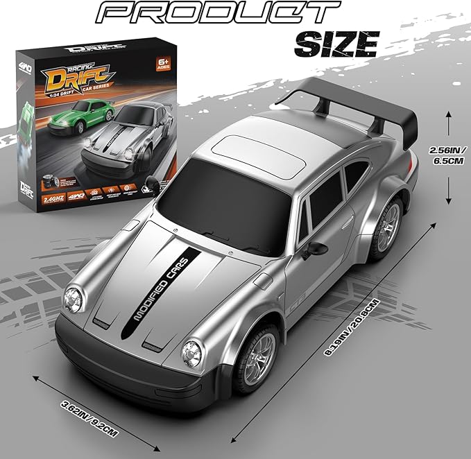 RC Drift Car 1:24 Scale Remote Control Car with LED Lights 20KM/H 4WD High Speed RC Cars Racing and Drifting Dual-Mode Toy Car Idea Gift for Adults and Kids Silver