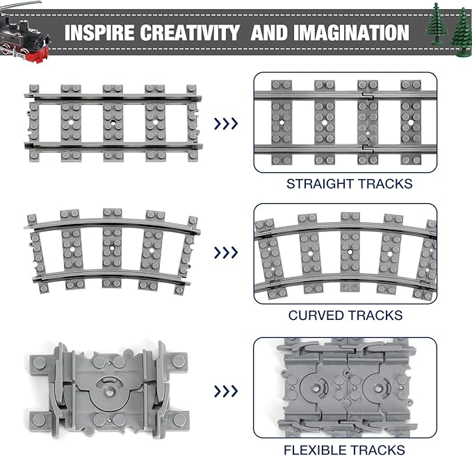 Classic City Train Tracks 72 Pieces Railroad Track with 24 Flexible 24 Curved and 24 Straight Tracks Train Expansion Accessories Compatible with All Major Brands Train Tracks