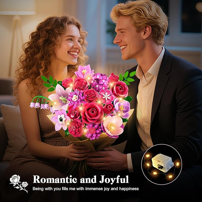 Flowers Bouquet Building Set with LED - 21 Rose Red Botanical Collection Kit for Adults Women Easter Gift for Her/Wife/Girlfriend/Mom 832 PCS Artificial Flower Plant for Home Decor