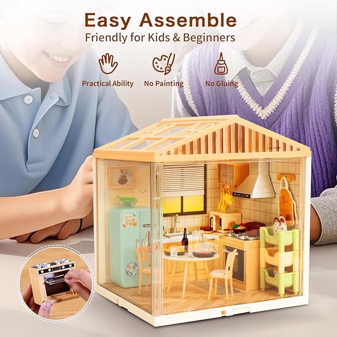 LED Building Blocks for Adults 1:24 DIY Miniature Dollhouse Kits with Roof &amp Dustproof Cover Tiny House Toy Building Sets for Kids Ages 8-12-15 Birthday Hobbies Gift for Men Women Boy Girl