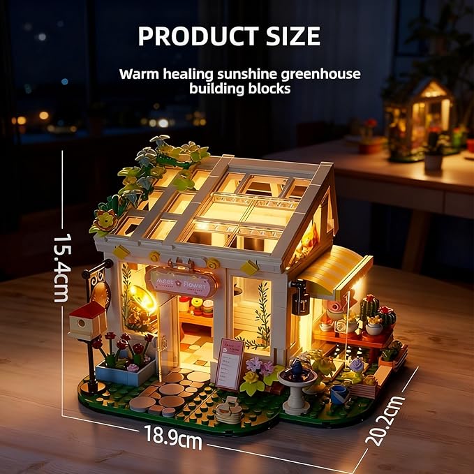 Flowers House Building Set with Lights Garden Building Kits Sunshine Greenhouse Building Toy for Home Display Decoration Creative Greenhouse Playset for Girls Friends and Adult 8+ (832 PCS)