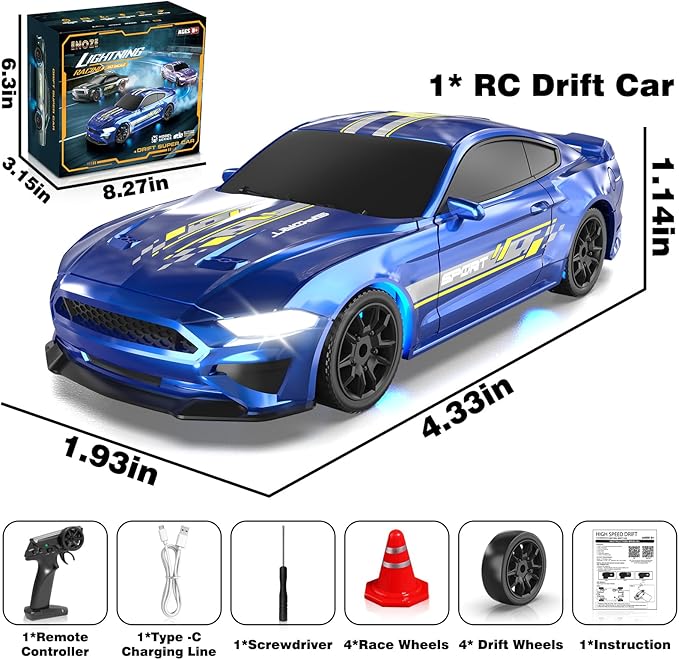 RC Drift Car 1/43 Scale Mini RC Drift Cars with Gyro 4WD Full Proporitonal High Speed Remote Control Car with LED Lights and Drifting Tires Hobby Racing Cars for Adults Kids Boys Girl Blue