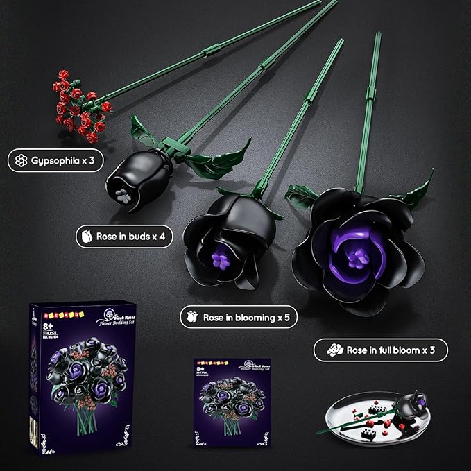 HOGOKIDS Flowers Bouquet Building Set - 15 Black Roses Botanical Collection Building Blocks Artificial Flower Toy 330PCS Gothic Home Decors Easter Gift for Her Girlfriend Wife Adults Teens Kids 8+