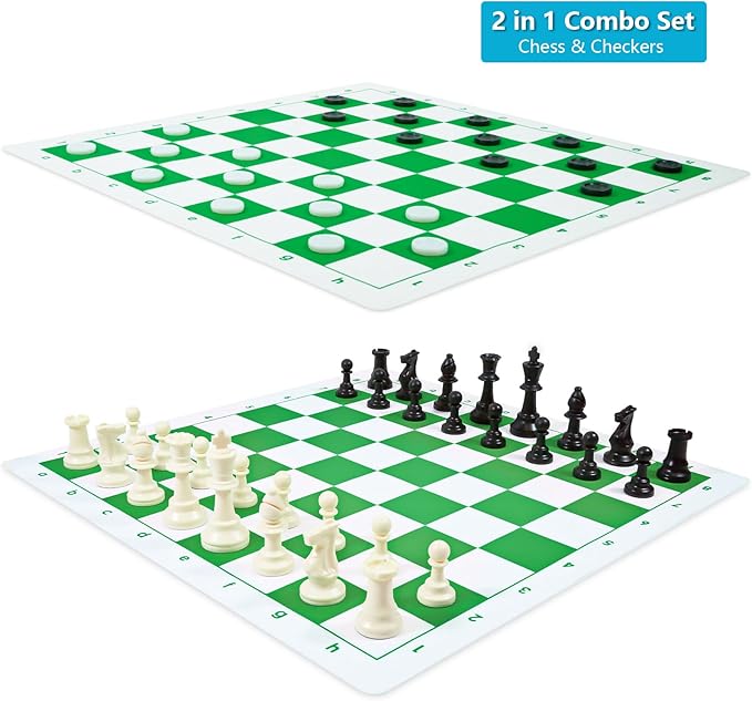 Travel Chess Set 20'' Silicone Chess Board-3.75'' King Height Plastic Piece Extra Queens &amp Storage Bag 2 in 1 Portable Chess &amp Checker Board Games for Teens and Adults