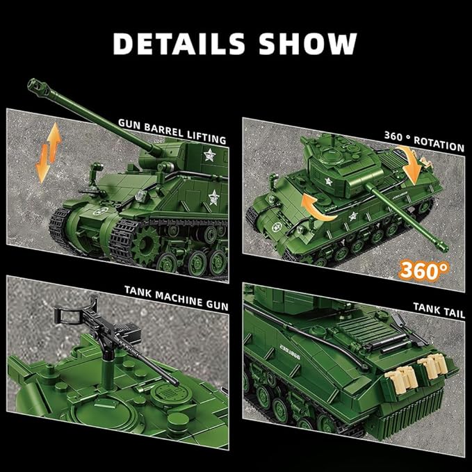 WW2 Military Tank M4 Pershing Heavy Building Block Set 1703 Pcs WW2 Model with Rotating Gun &amp Figures Army Toys for Adults &amp Collectors
