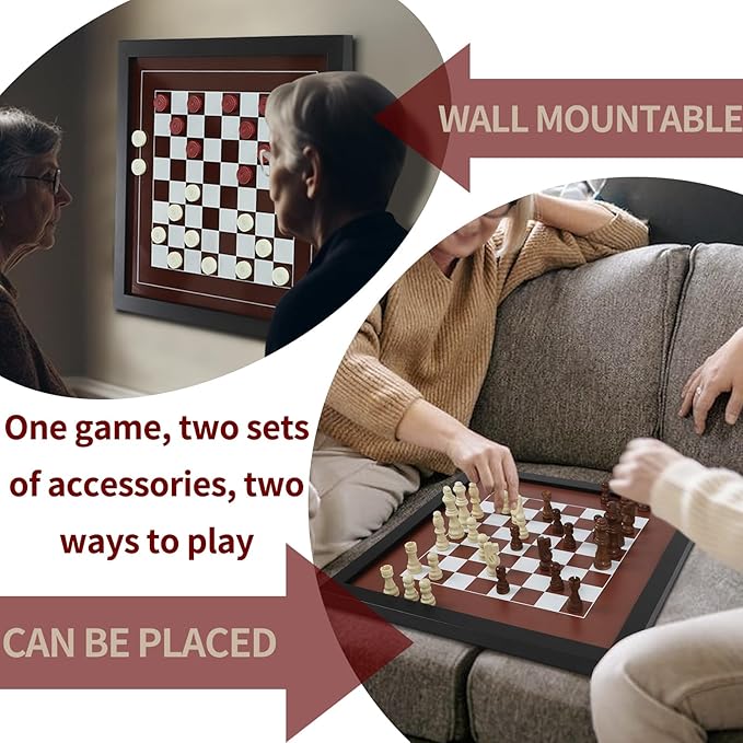 Wall Mounted Board Games Classic Checkers Game Strategy and Fun Games Art Decor for Home Checkers Board Game Magnetic Hanging Checkers and Chess Wooden Board Games (Checkers and Chess)