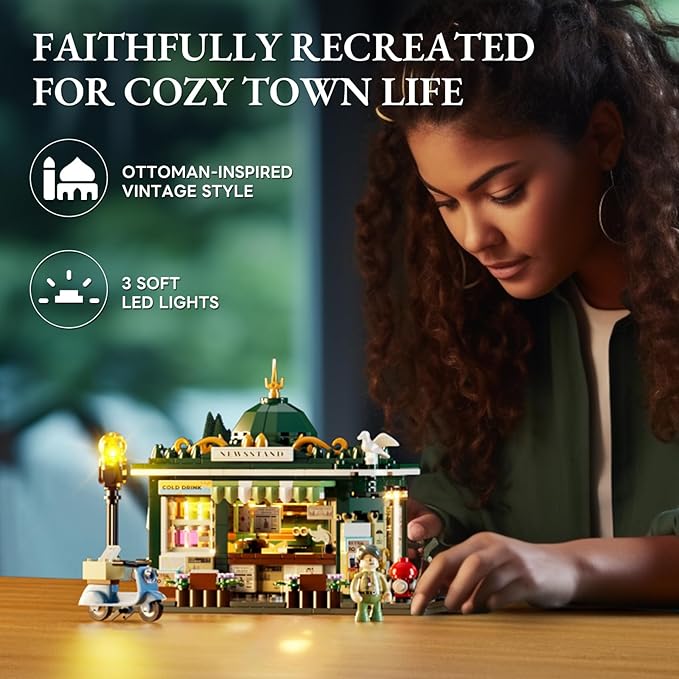 Newsstand Lighting Building Bricks Set - City Town Life Newsstand LED Light Construction Building Model Set 556 Pcs for Adults and Teen