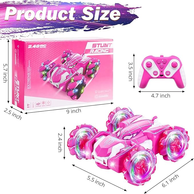 Spider Remote Control Car Double Sided 360°Rotating USB Direct Charging RC Cars with Cool Lights 2.4Ghz Drift RC Stunt Car 360°Rotating 4WD Off-Road Race Toys for 4-12 Boy Girl Kids Gifts(Pink)