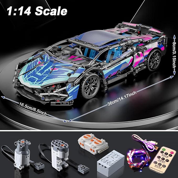 Sport Car Building Block Sets for Adults Technical Remote Control APP Race Car with LED LightsCollectible 1:14 Model Scale Engineering Toy Men Teens Boys Birthday Gift Age 8+ 8-12 12 13 14