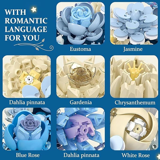 Moon Flowers Building Blocks Set Botanical Collection Blossom for Wall Decor Creative Floral Building Kit Flower Bouquet Botanical Collection for Home Décor Gift for Adults Teens 934 PCS (Blue)