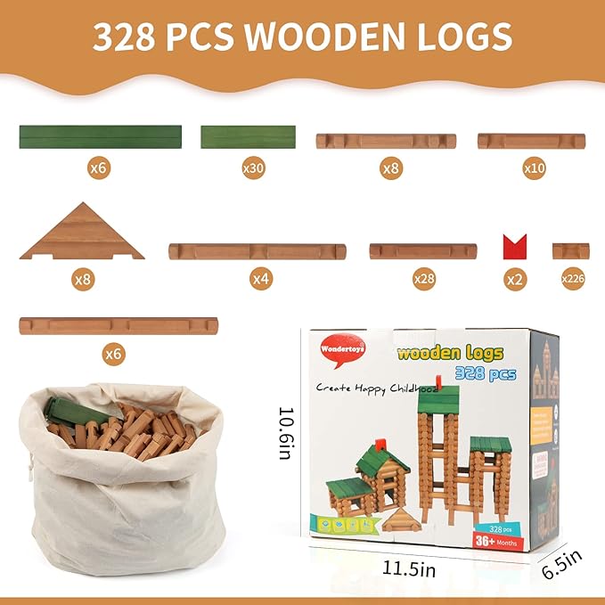 Wondertoys 328 Pcs Wooden Logs Set Ages 3+ Classic Building Log Toys for Kids Creative Construction Engineering Educational Gifts