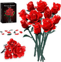 Red Rose Flower Bouquet Building Set Botanical Collection Kit Artificial Fake Flowers Blocks Home Table Decor Aesthetic for Valentine's Day Birthday DIY Craft Floral Gift Without Vase