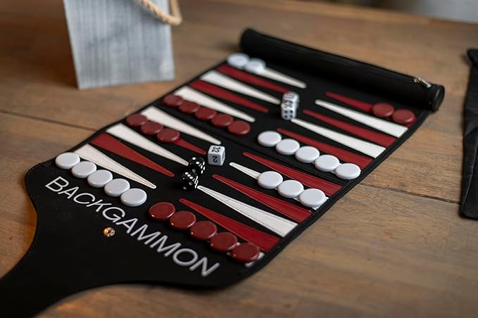 Roll-Up Travel Backgammon Game | Lightweight Roll-up Backgammon Set | Travel Backgammon Sets for Adults | Travel-Size Strategy Game for Camping Backpacking or Beach | Wine &amp White