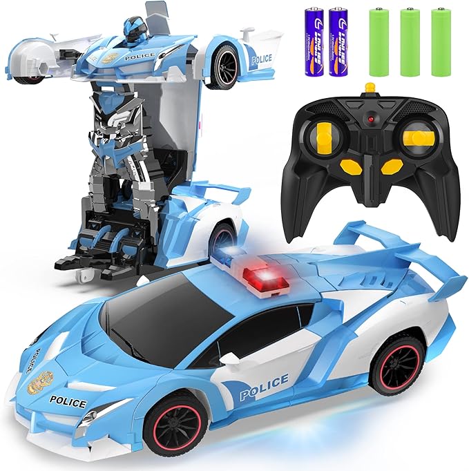FDJ RC Cars - Transform Remote Control Car 2.4Ghz 1:18 Scale Transforming Police Car Toy with Flashing Light One Button Deformation 360 Degree Rotating Drifting Kids Toys Car for Boys Girls