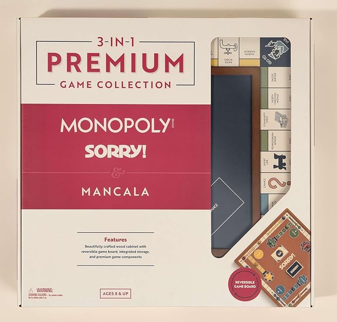 WS Game Company 3-in-1 Premium Game Collection Monopoly Sorry! Mancala with Reversible Wooden Board Built-in Storage Board Games for Family Nights Kids &amp Adults