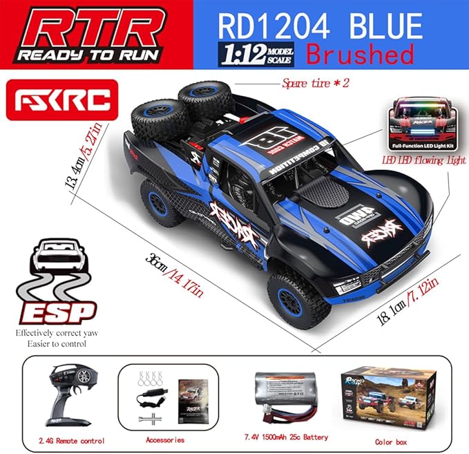 1/12 RD12 RC Drift Car 4WD Full-Proportional Brushed Racing Car with Gyroscope and 7-Color LED Lights Remote Control Truck Gift for Adults (Blue)