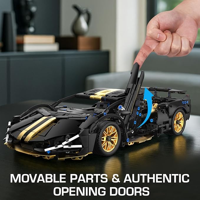 PIKARO Sports Car Building Set for Adults &amp Boys 1:14 MOC Black Race Car Model Kits Collectible Supercar Toys Birthday Gifts for Kids Teens Age 8-14 12-16 (1309 Pieces)