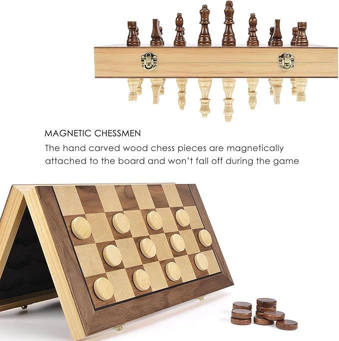 AMEROUS 15'' Magnetic Wooden Chess &amp Checkers Game Set -2 Extra Queens -24 Cherkers Pieces - Chessmen Storage Slots Beginner Chess Set for Kids and Adults Classic 2 in 1 Board Games