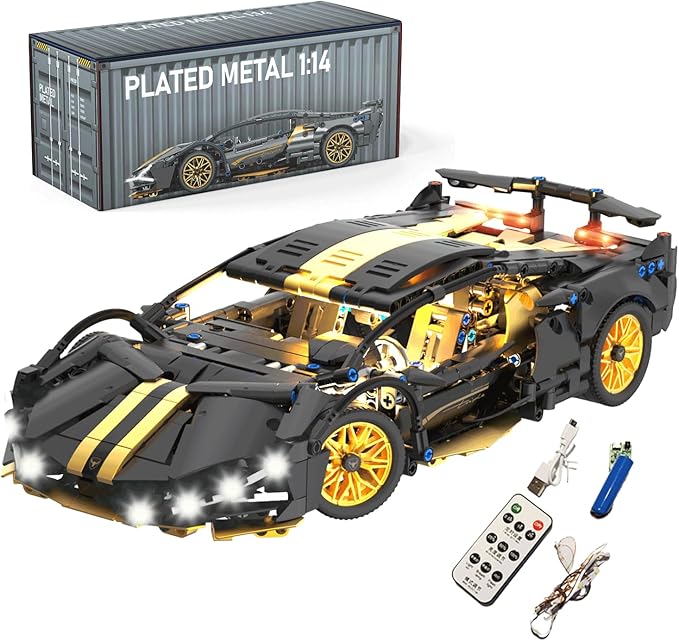GEVINST Collectible Sports Race Cars Building Set with LED Lights Model Car Kits for Boys 8-12 and up Adults 1:14 Scale Black Gold Supercar Gifts (1309 PCS)