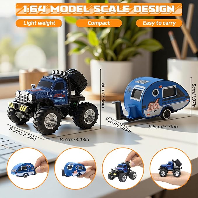 Snugzy Mini RC Car 1:64 Scale RC Truck for Kids with Trailer 2.4Ghz Remote Control Rechargeable RC Cars Toy Gifts for Boys Girls Adult (Blue)