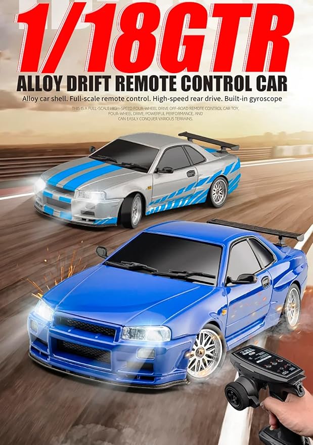 LD1899 1/18 RC Drift Car GTR R34 2.4GHz RWD with Gyroscope on-Road Alloy Body Shell Racing Cars Radio Control (Blue)