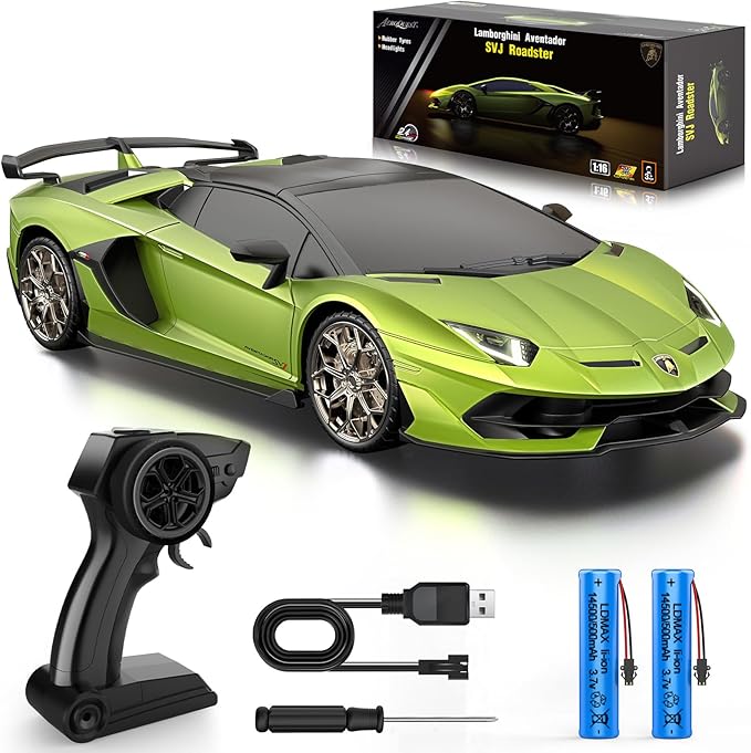 Lamborghini Remote Control CarOfficially Licensed 1:16 Scale Lambo Rechargeable Hobby Rc Cars with Headlight 2.4GHz Race Car Toys for Boy Girl 4-12 Years Old 12Km/h Green