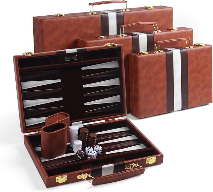 Travel Small 11 Inch Backgammon Set Classic Board Game with Leather Make Board Gift Package Portable Strategy Game Set for Adults Kids (Brown Small)