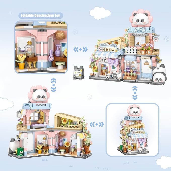 Street View Flower House Shop Mini Building Blocks MOC Creative Building Toys Cute Panda Building Set for Kids 6-12 Simulation Architecture Construction Toy Gift Idea for Kids Adults (810PCS)